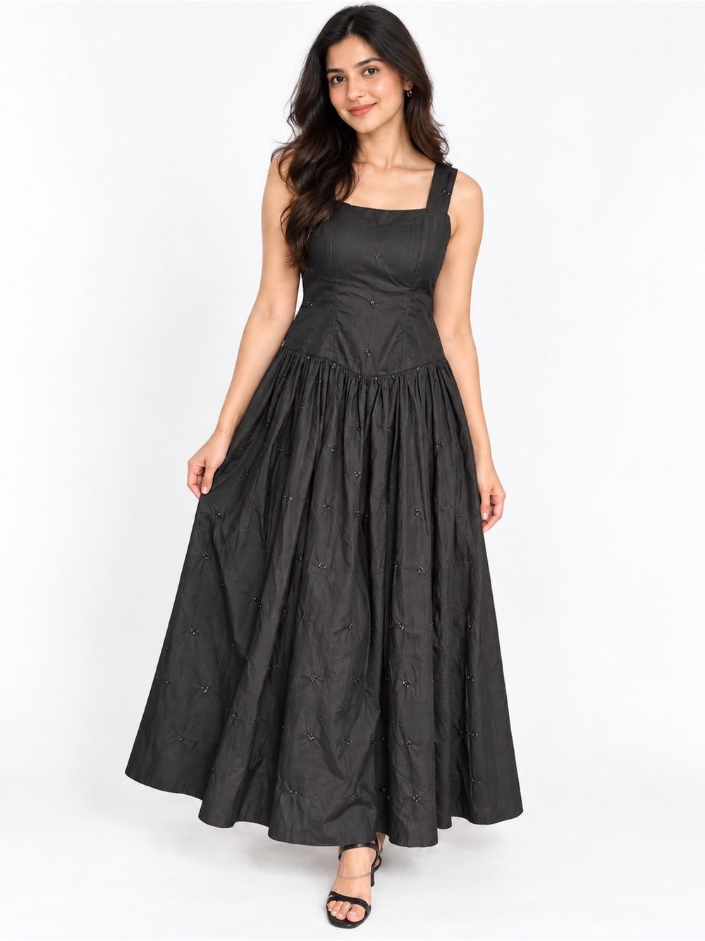 Black Sleeveless Maxi Dress - Elegant Evening Gown with Embroidery